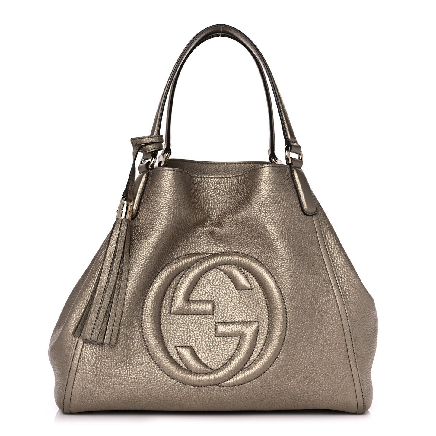 Metallic Pebbled Calfskin Medium Soho Shoulder Bag Golden Beige