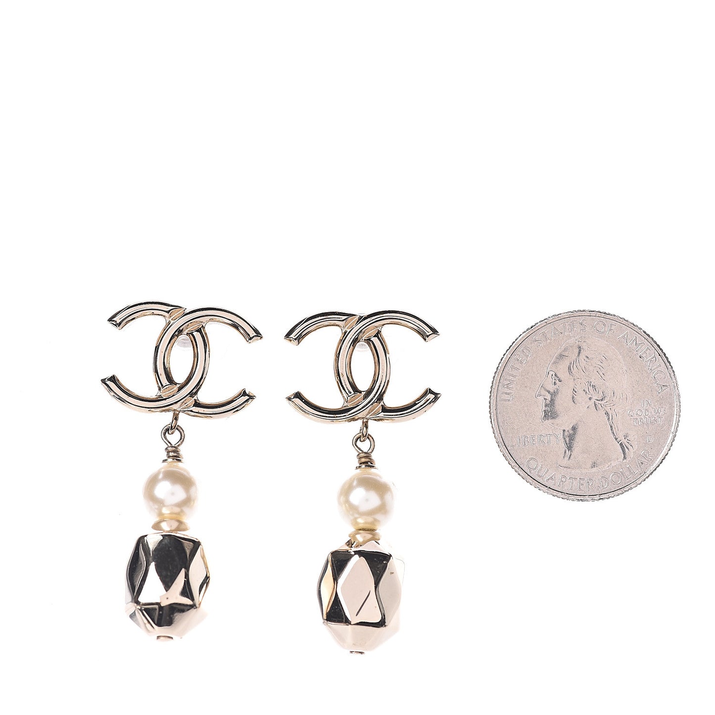 Metal Bead Pearl CC Drop Earrings Golden Pearly White