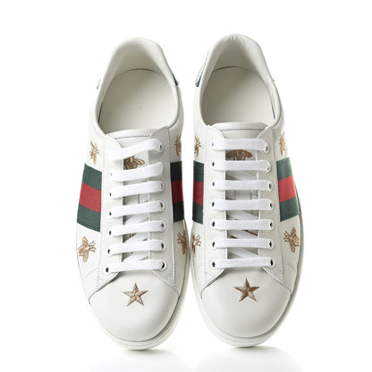 Gucci Calfskin Ayers Web Bee Star Embroidered Mens Ace Sneakers 6 White Green 6 of 11