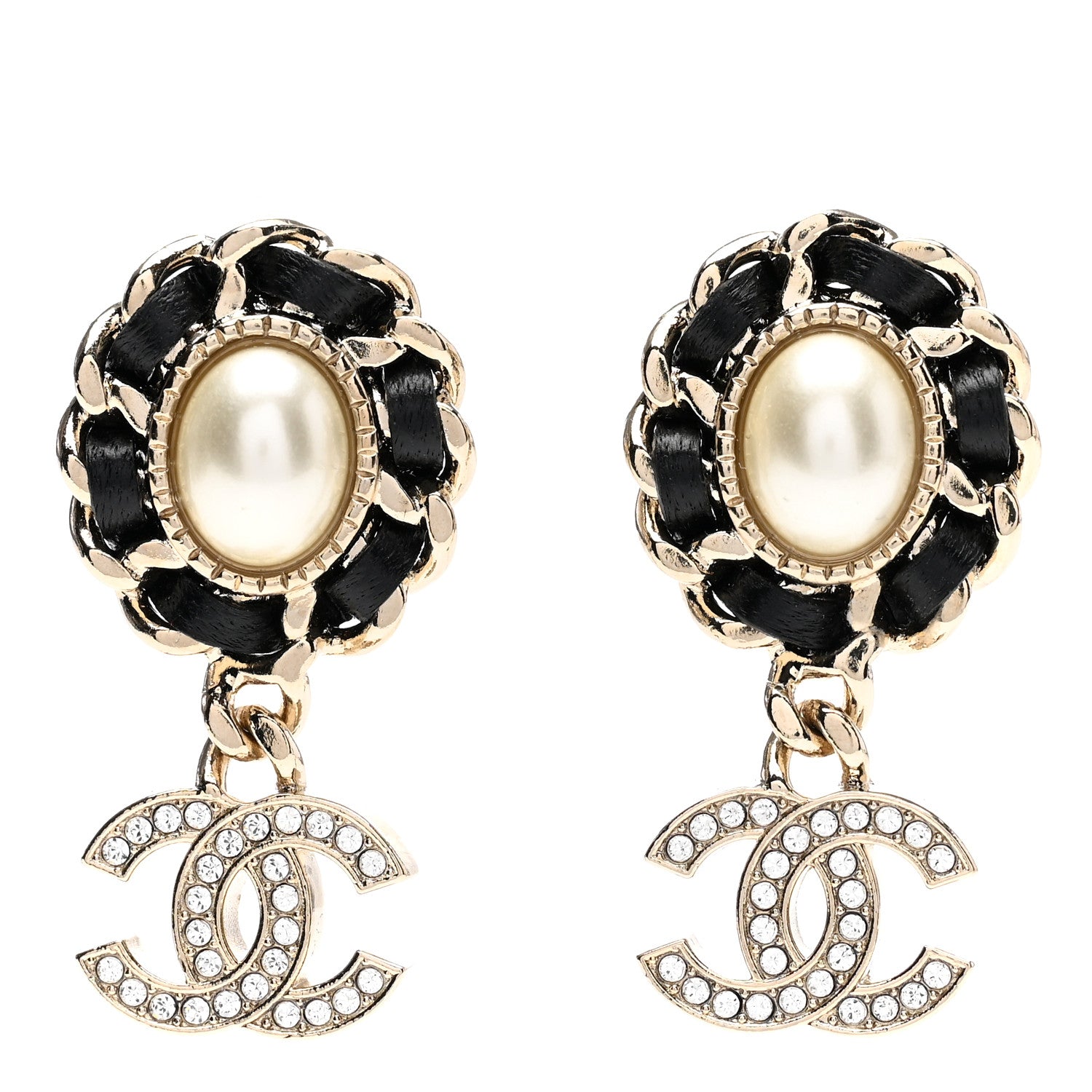 Chanel Pearl Lambskin Crystal CC Drop Earrings Gold White Black Gold White Black 1 of 5