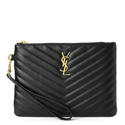 Saint Laurent Calfskin Matelasse Chevron Monogram A5 Wristlet Black 1 of 8