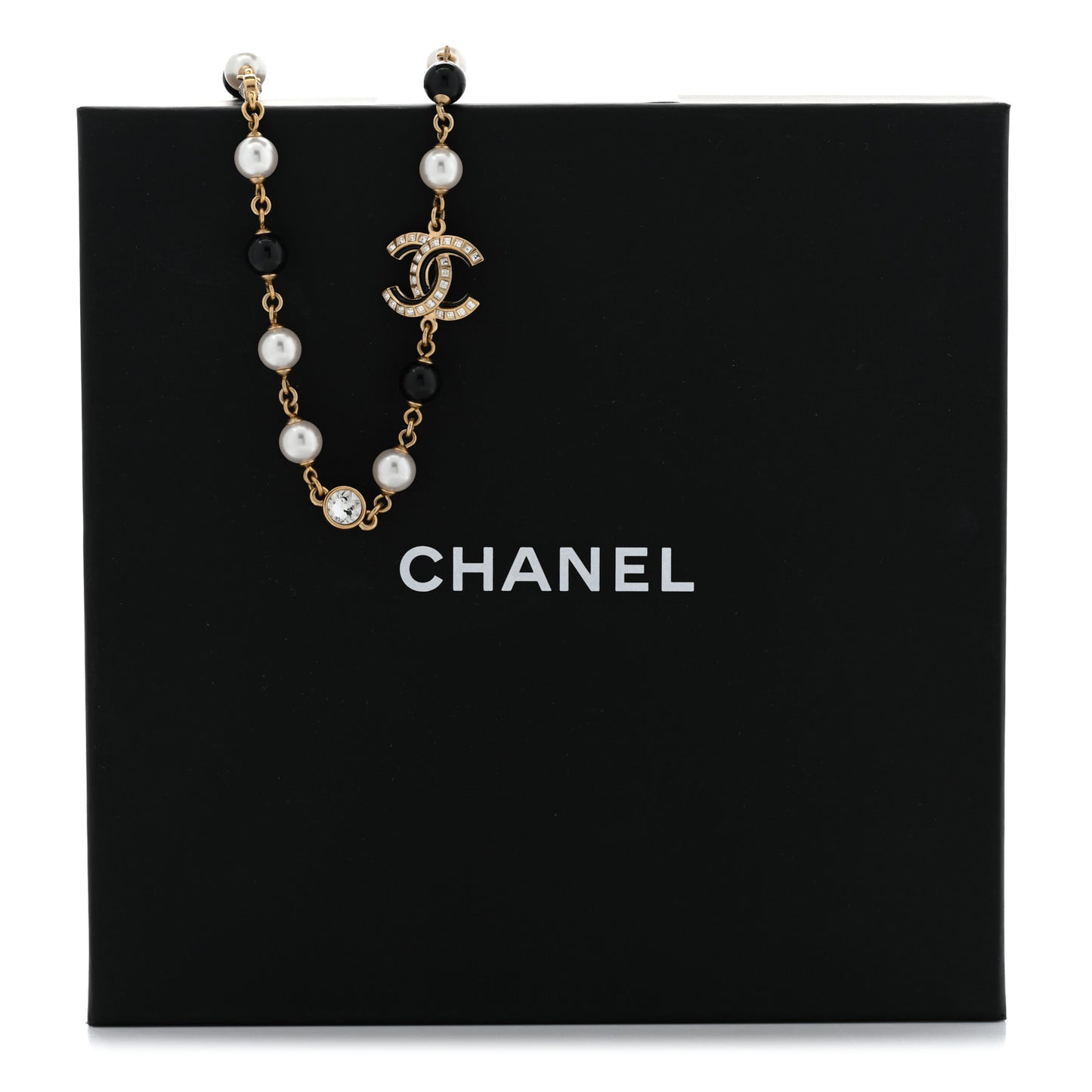 Pearl Baguette Crystal Enamel CC Short Necklace Gold Black