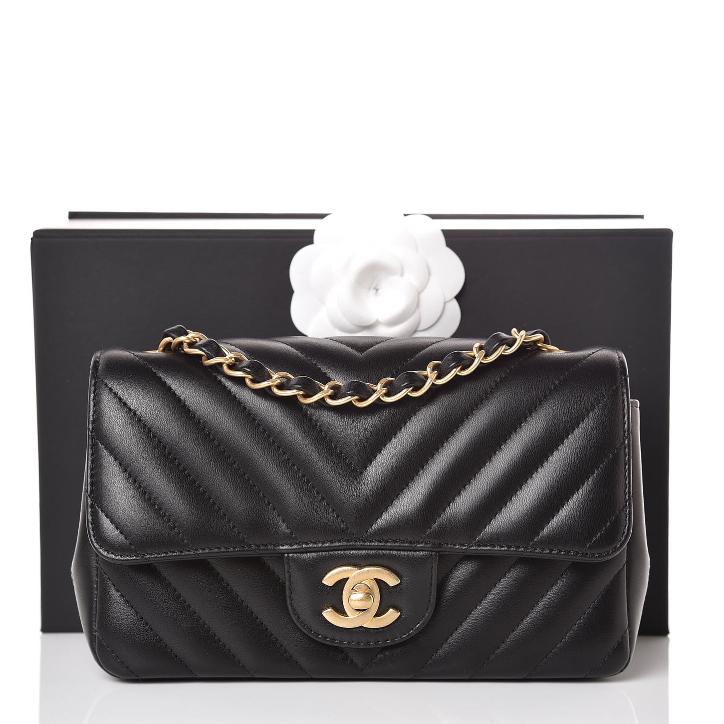 Lambskin Chevron Quilted Mini Rectangular Flap Black