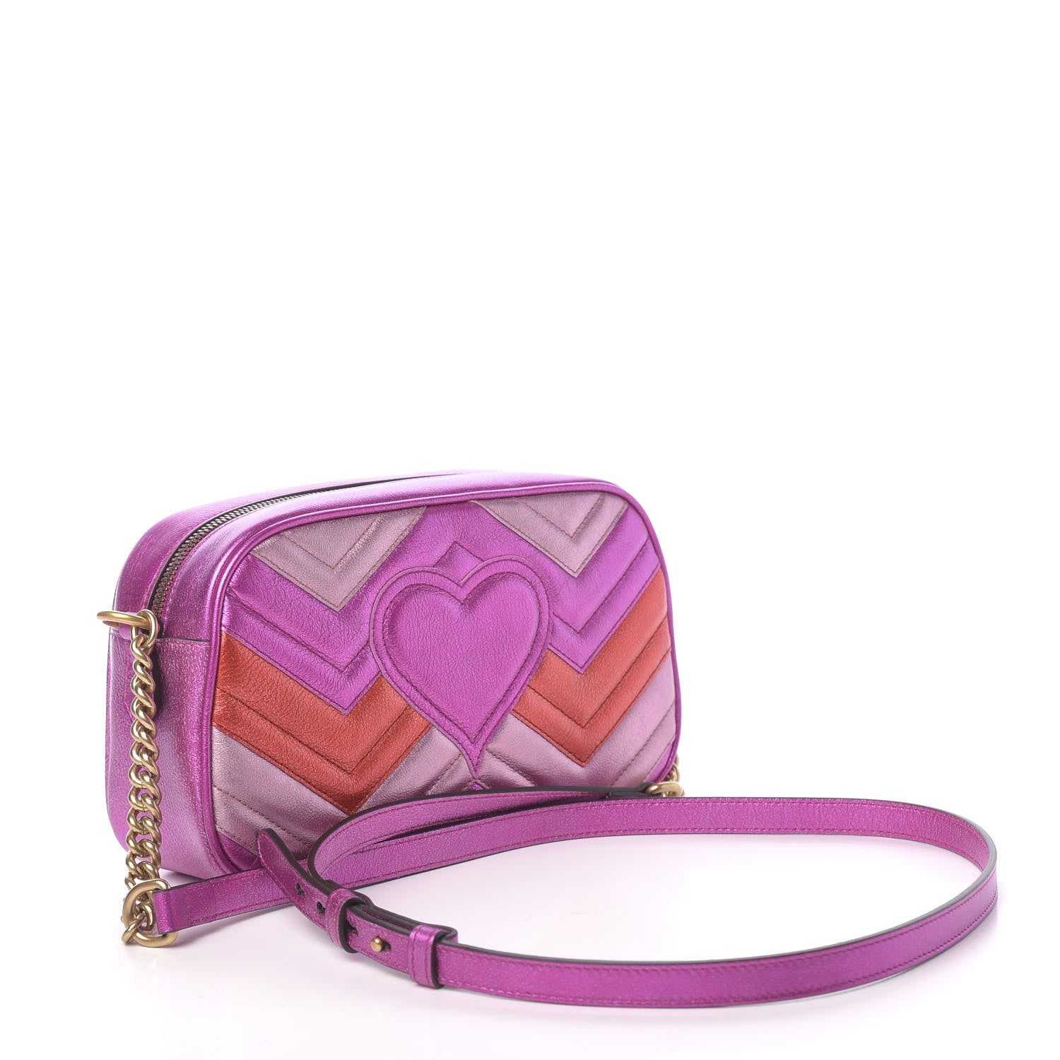 Gucci Laminated Nappa Matelasse Small GG Marmont Chain Shoulder Bag Fuxia Rosso Rosa 3 of 10