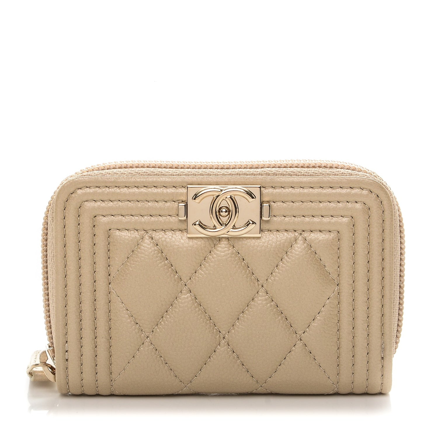 Metallic Caviar Quilted Boy Zip Around Coin Purse Wallet Light Gold