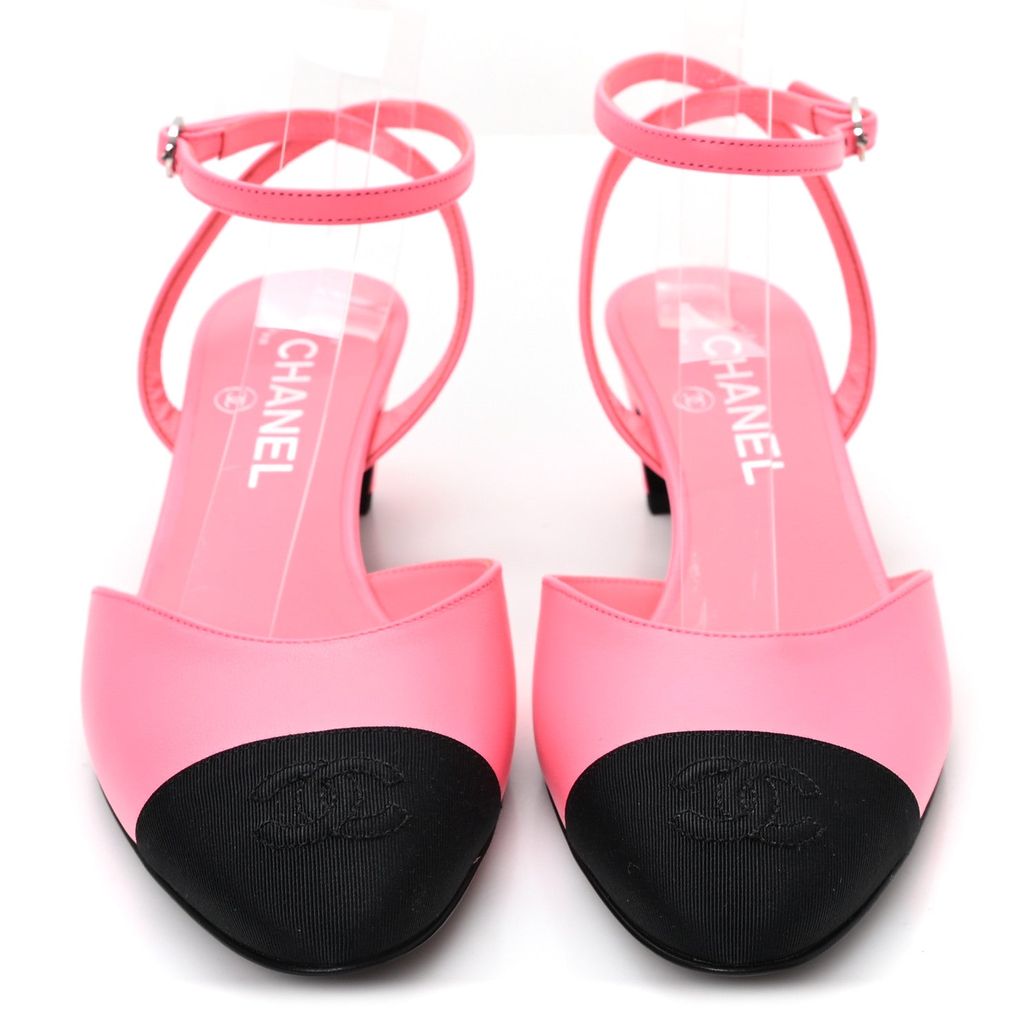 Chanel Lambskin Grosgrain Cap Toe CC Slingback Pumps 37 Coral Black 3 of 10