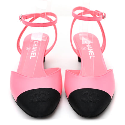 Chanel Lambskin Grosgrain Cap Toe CC Slingback Pumps 37 Coral Black 3 of 10