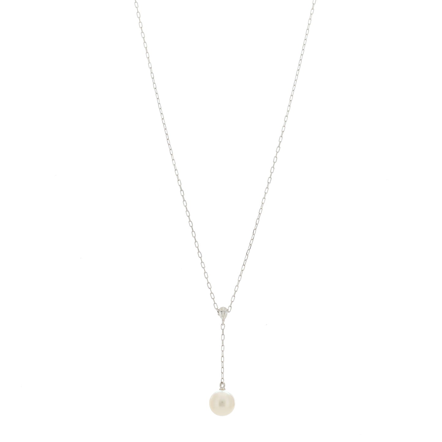 18K White Gold Akoya Pearl Diamond 7-7.5mm Drop Pendant Necklace