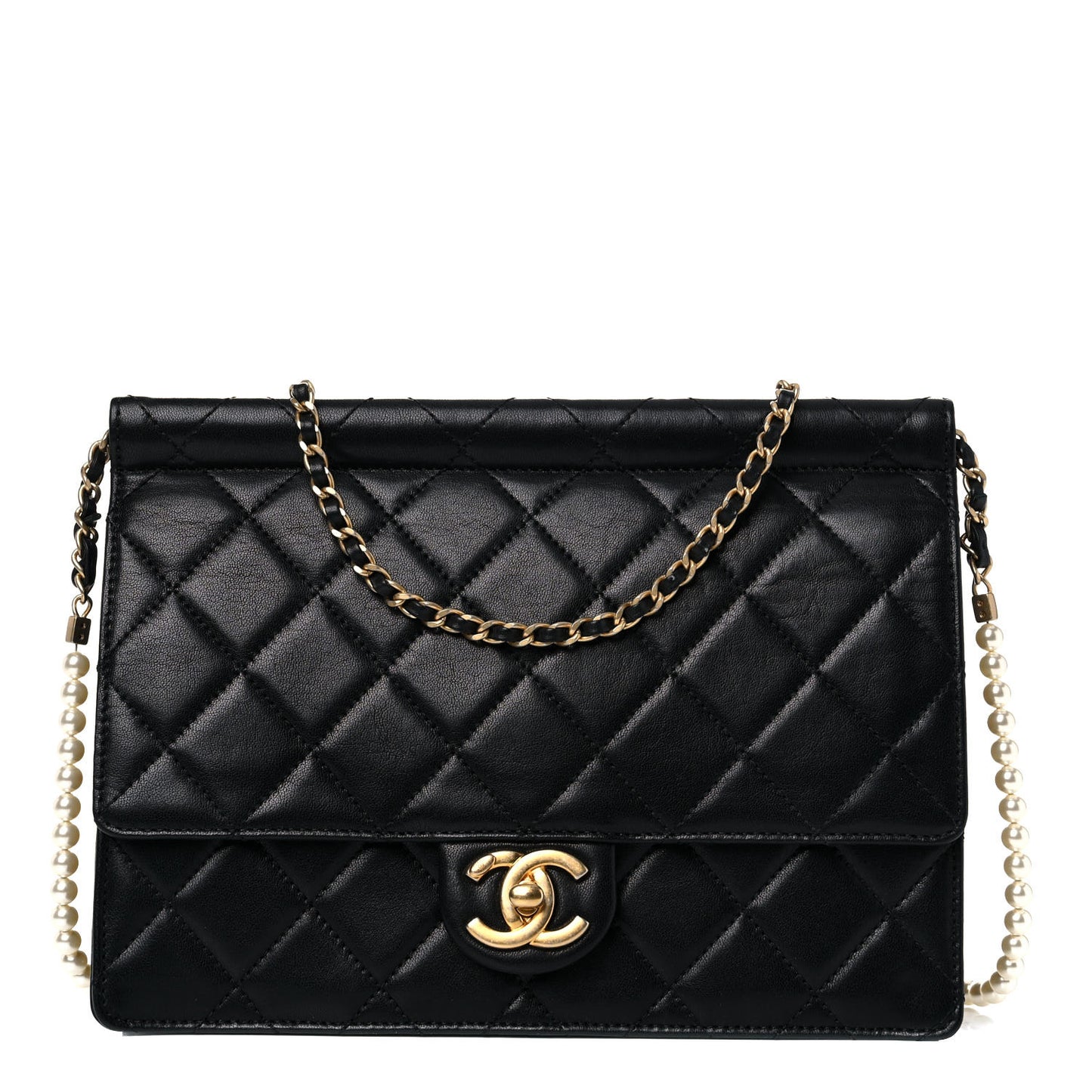 Goatskin Quilted Pearl Chain Flap Bag Black