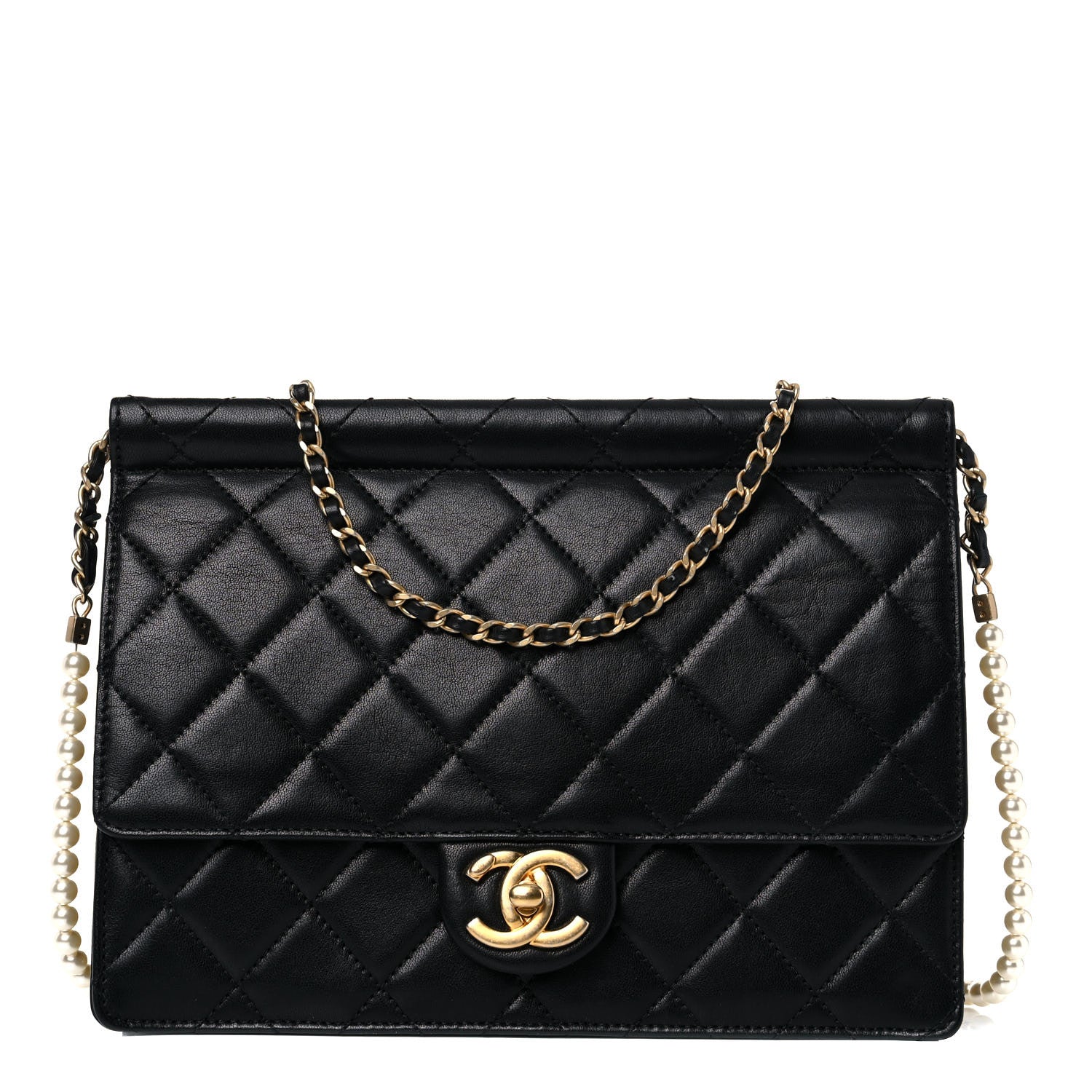 Chanel Goatskin Quilted Pearl Chain Flap Bag Black 1 of 14