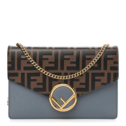 Fendi Vitello Cruise F is Fendi Bi-Color FF 1974 Embossed Medium Envelope Wallet On Chain Maya Black Azzurro Merlino 1 of 12