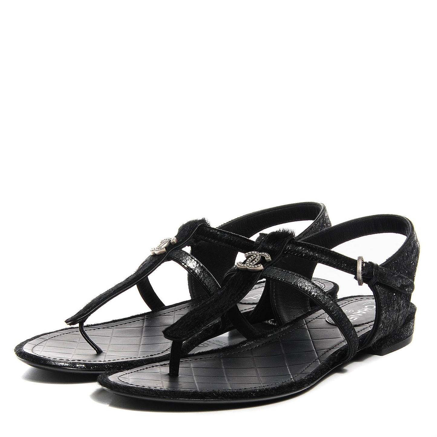 Pony Hair CC Thong Sandals 38.5 Black Silver