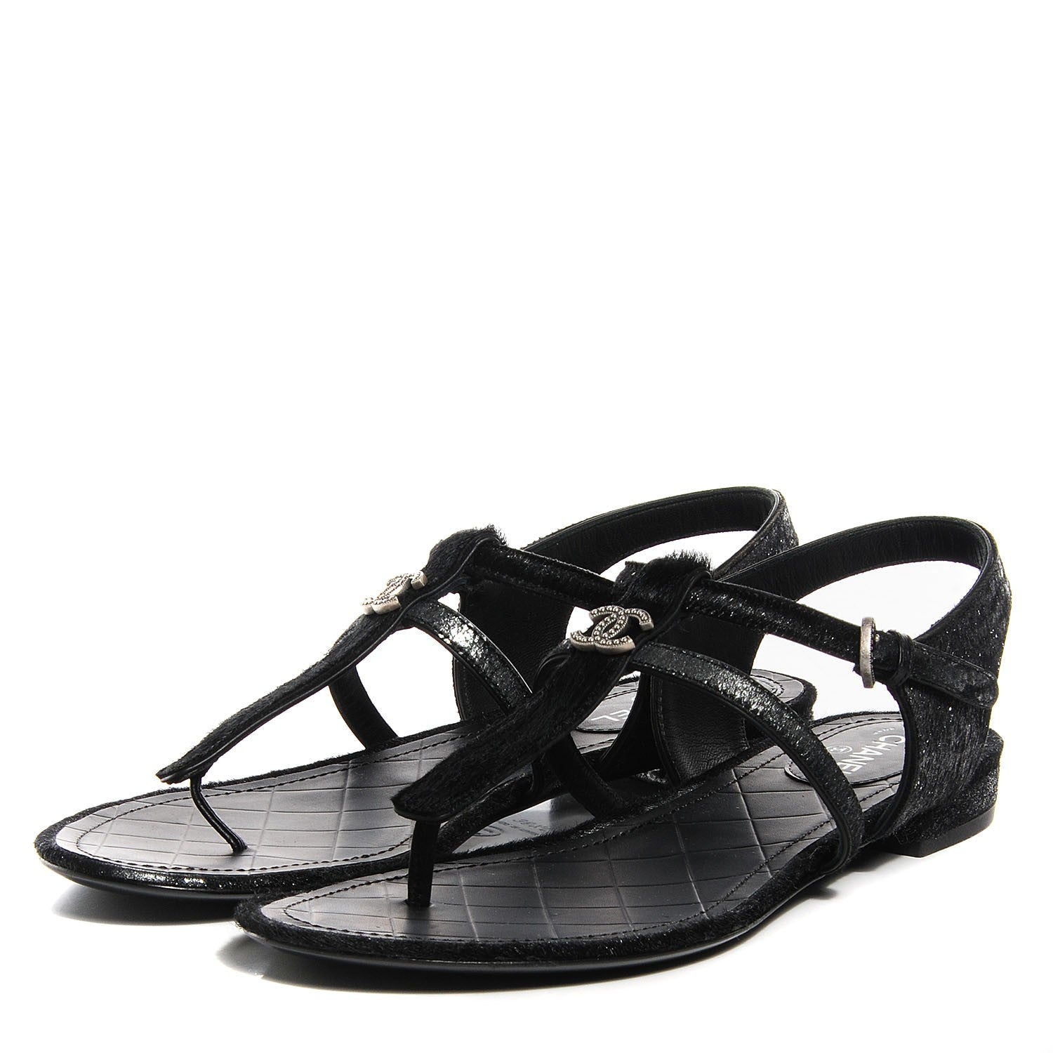 Chanel Pony Hair CC Thong Sandals 38.5 Black Silver 3 of 7