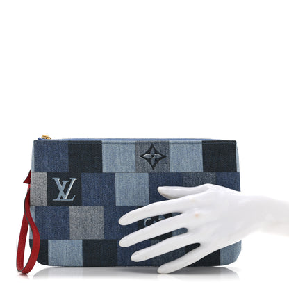 Louis Vuitton Denim Damier Monogram Patchwork Neverfull MM Pochette  Blue Rouge 2 of 10