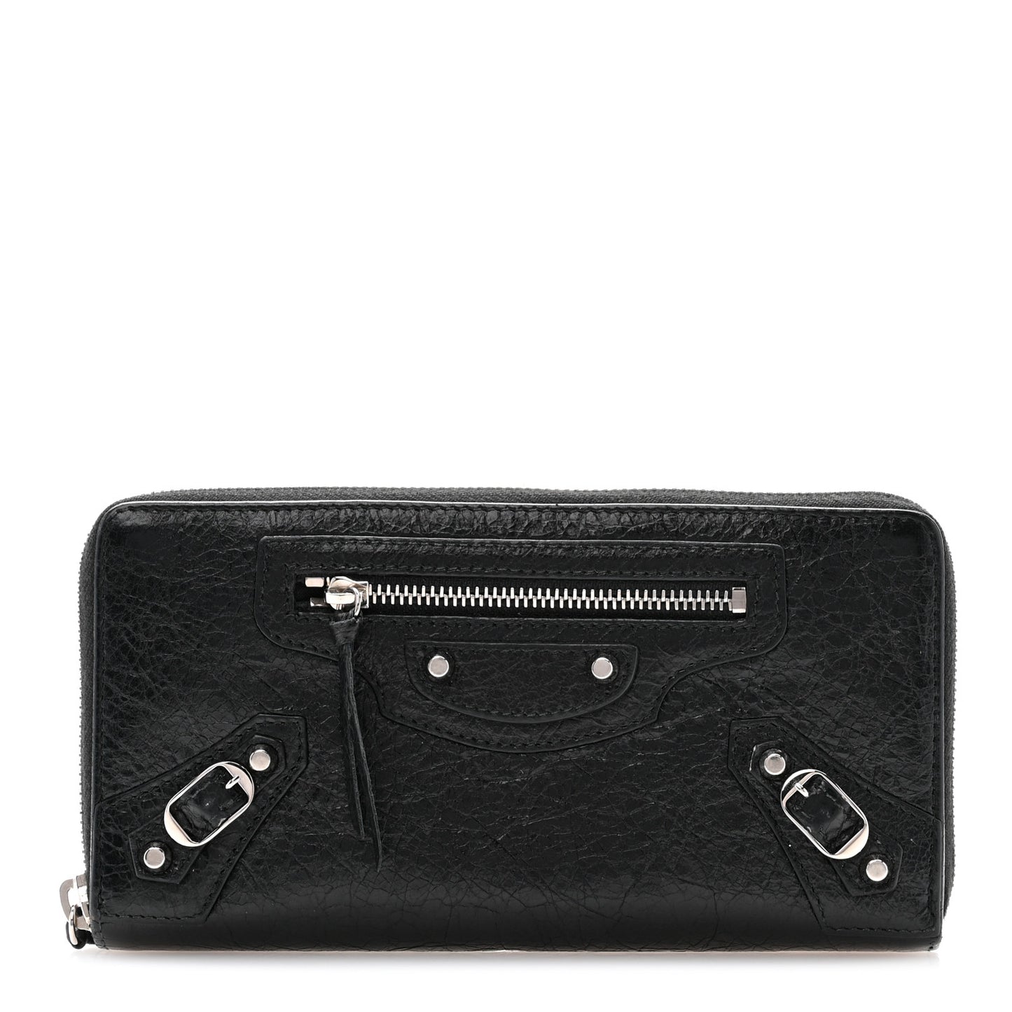 Agneau Classic Silver Hardware Continental Zip Around Wallet Black