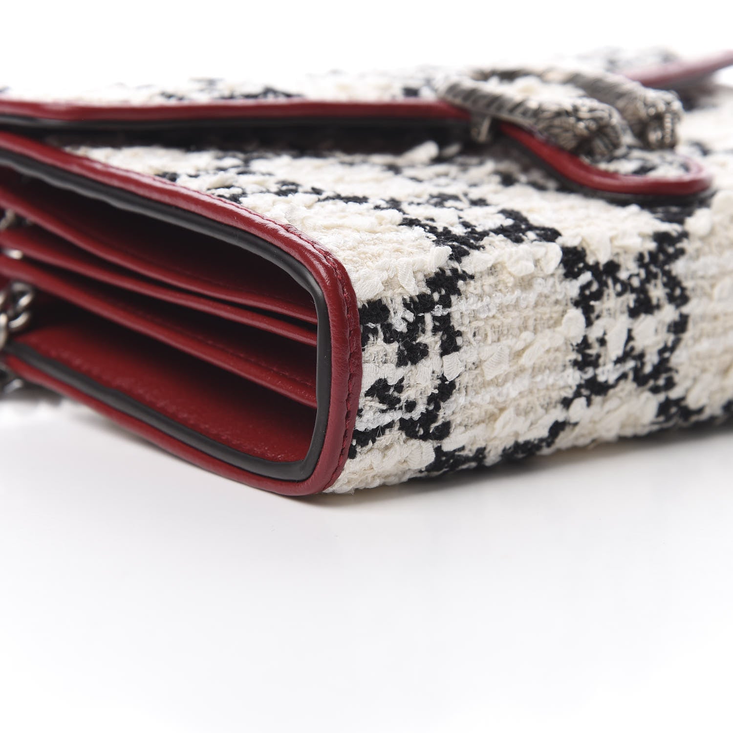 Gucci Tweed GG Monogram Mini Dionysus Chain Wallet White Black Romantic Cherry 9 of 11