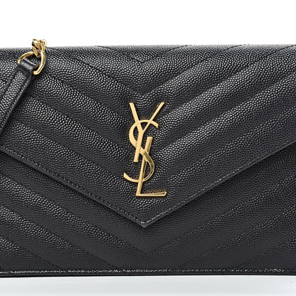 Saint Laurent Grain De Poudre Matelasse Chevron Monogram Envelope Chain Wallet Black 7 of 12