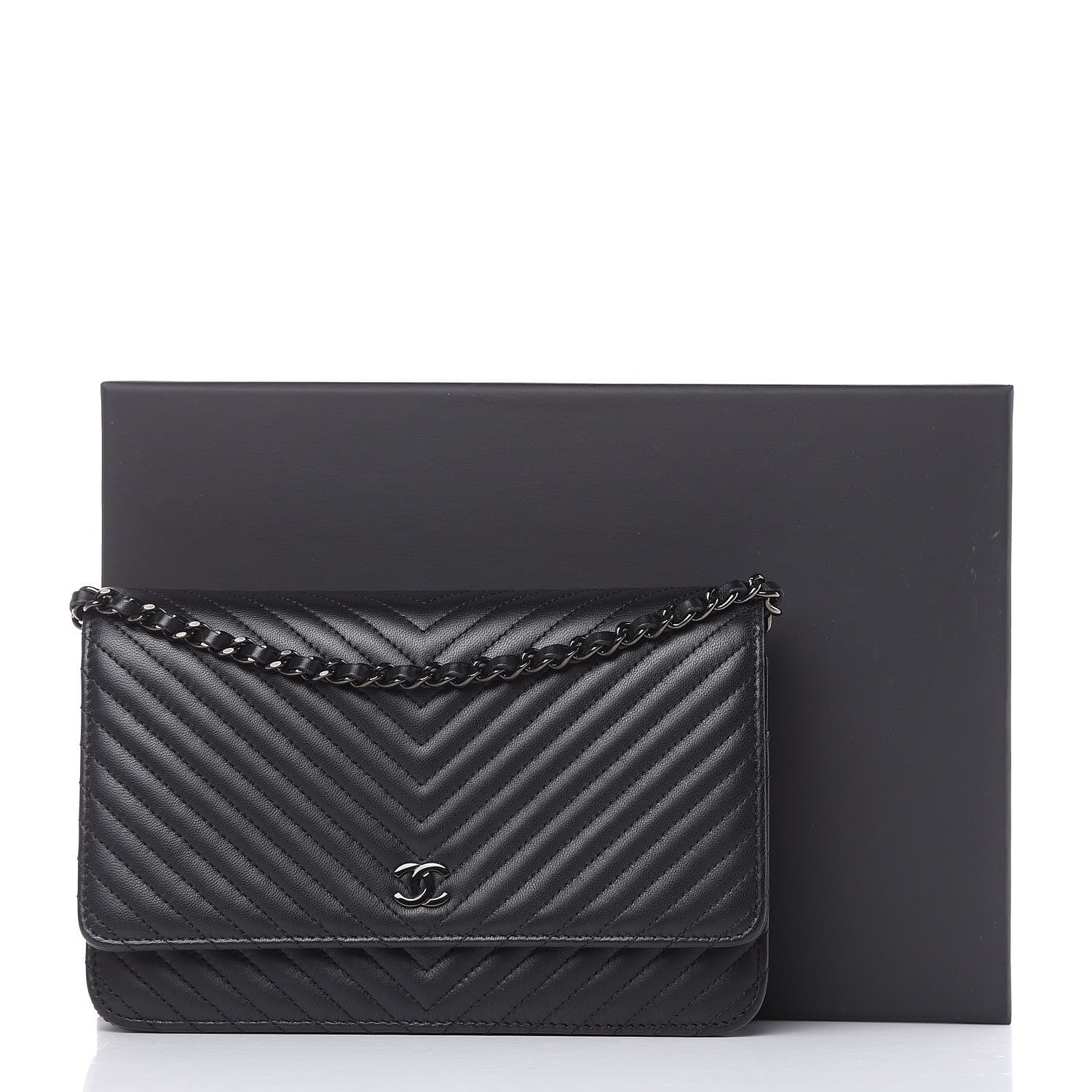 Chanel Lambskin Chevron Quilted Wallet On Chain WOC So Black 13 of 13