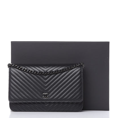 Chanel Lambskin Chevron Quilted Wallet On Chain WOC So Black 13 of 13