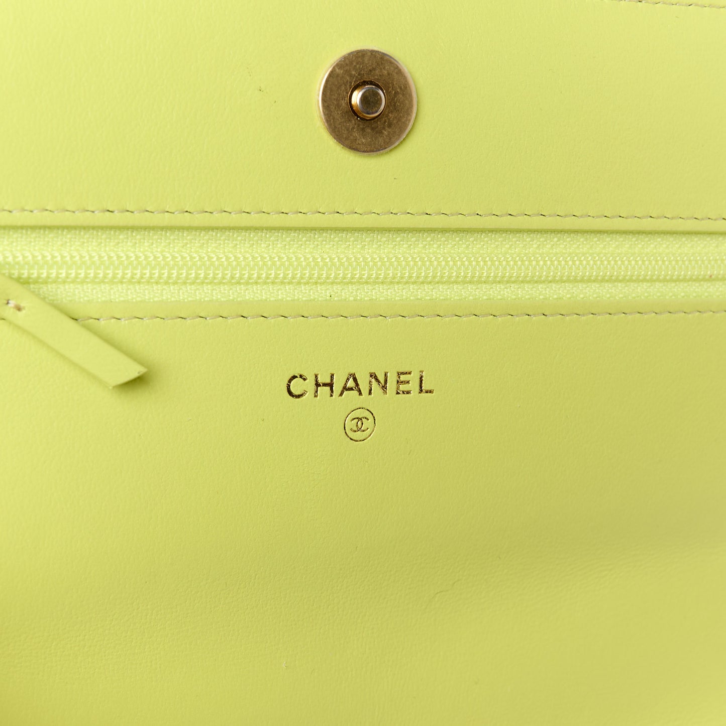 Shiny Lambskin Quilted Chanel 19 Wallet On Chain WOC Neon Yellow