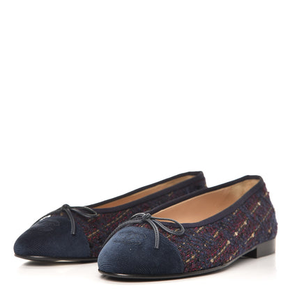 Chanel Tweed Flannel Cap Toe Ballerina Flats 37 Navy 3 of 10