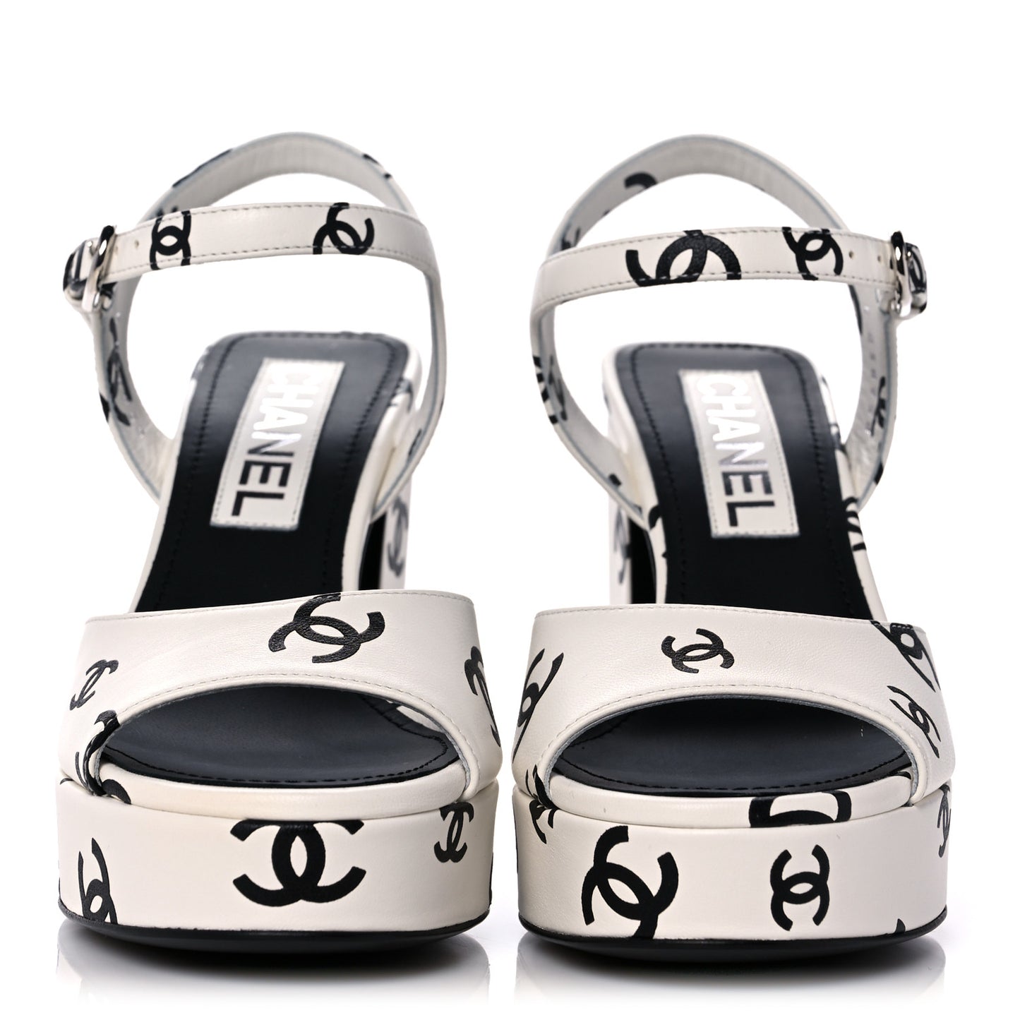 Printed Lambskin CC Platform Sandals 35 White Black