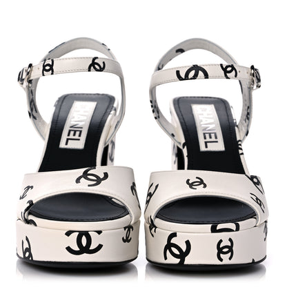 Chanel Printed Lambskin CC Platform Sandals 35 White Black 2 of 9
