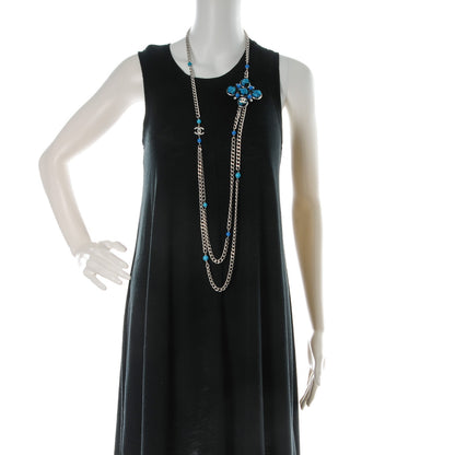 Chanel Gripoix Poured Glass Tweed Crystal CC Long Necklace Brooch Silver Blue 2 of 8