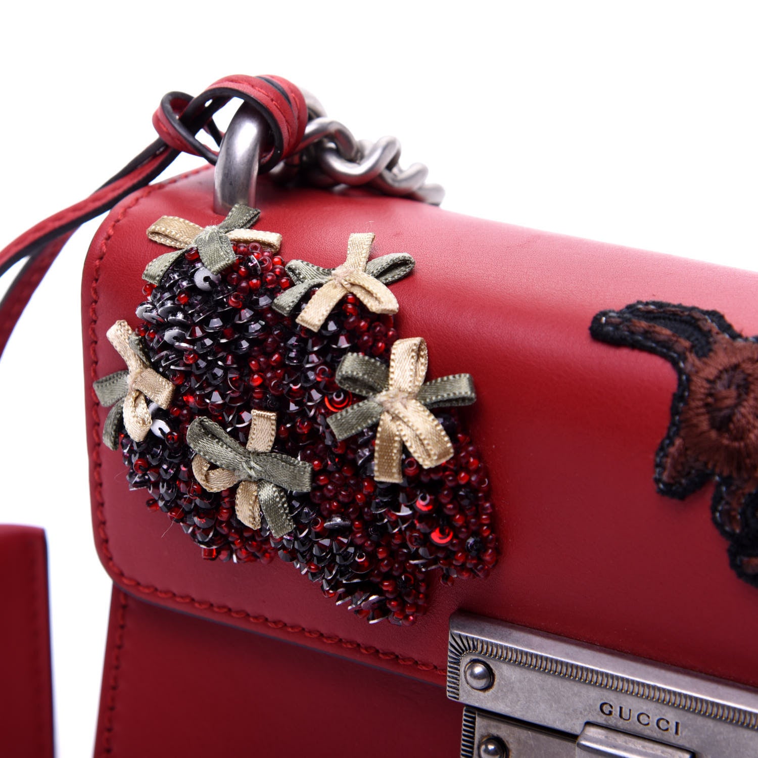 Gucci Calfskin Bee Embroidered Small Padlock Shoulder Bag Hibiscus Red 11 of 15
