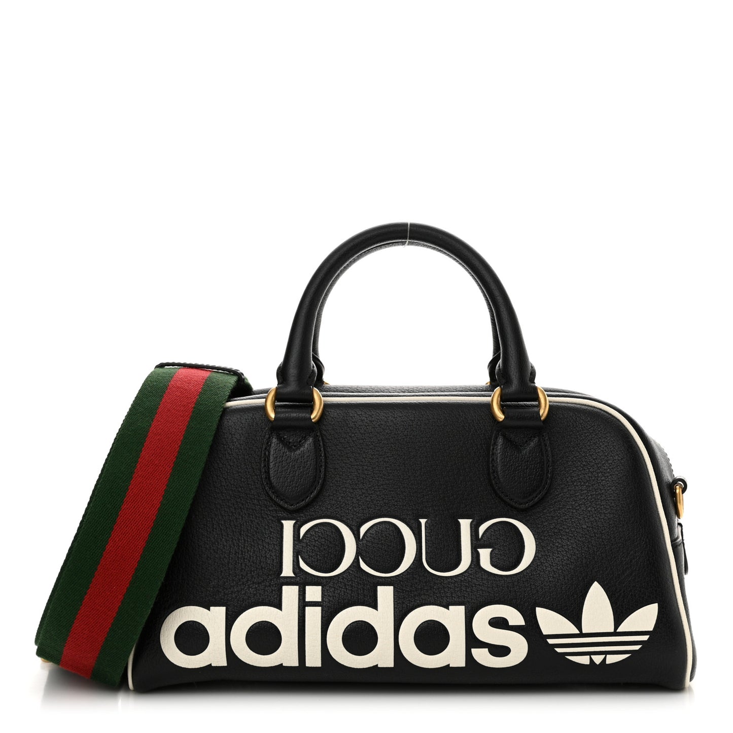 X ADIDAS Textured Dollar Calfskin Web Trefoil Logo Embossed Mini Bowling Bag Black Off White