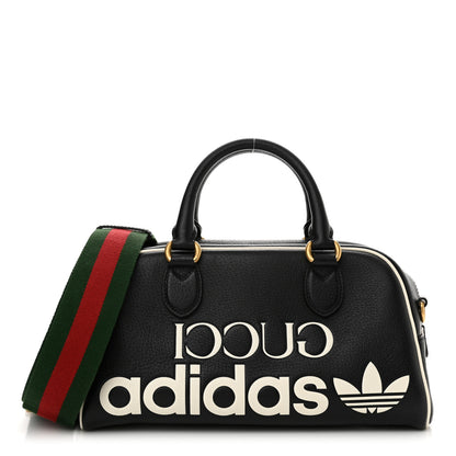 Gucci X ADIDAS Textured Dollar Calfskin Web Trefoil Logo Embossed Mini Bowling Bag Black Off White 1 of 10