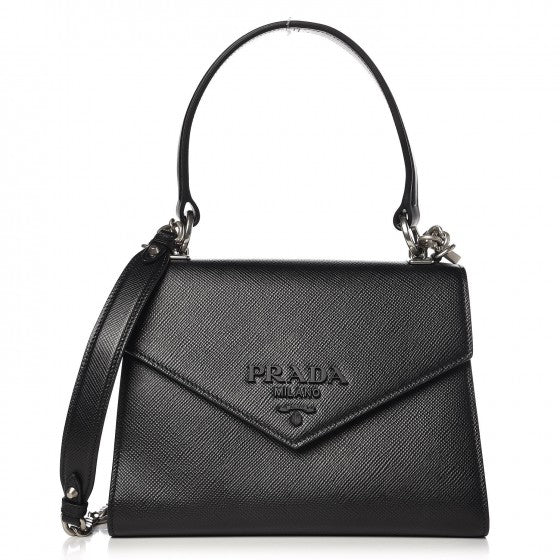 Prada Saffiano Cuir Calfskin Monochrome Envelope Flap Top Handle Chain Shoulder Bag Black 1 of 5