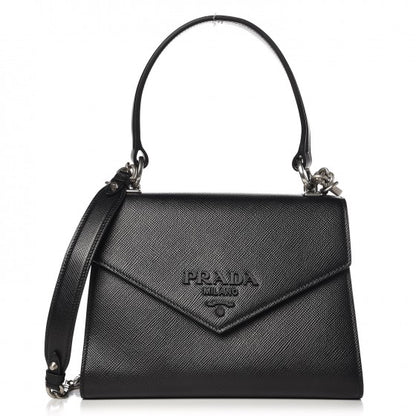 Prada Saffiano Cuir Calfskin Monochrome Envelope Flap Top Handle Chain Shoulder Bag Black 1 of 5