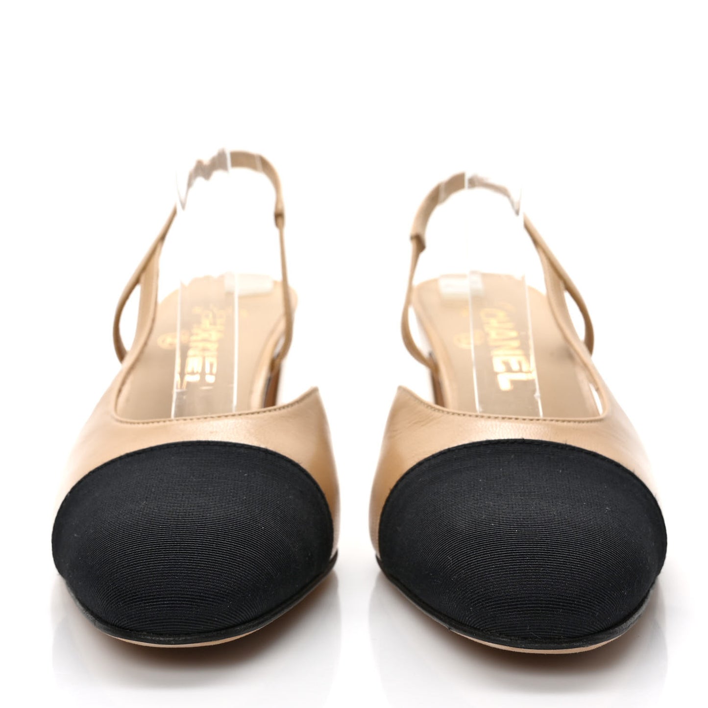 Goatskin Grosgrain Cap Toe CC Slingback Pumps 38 Beige Black