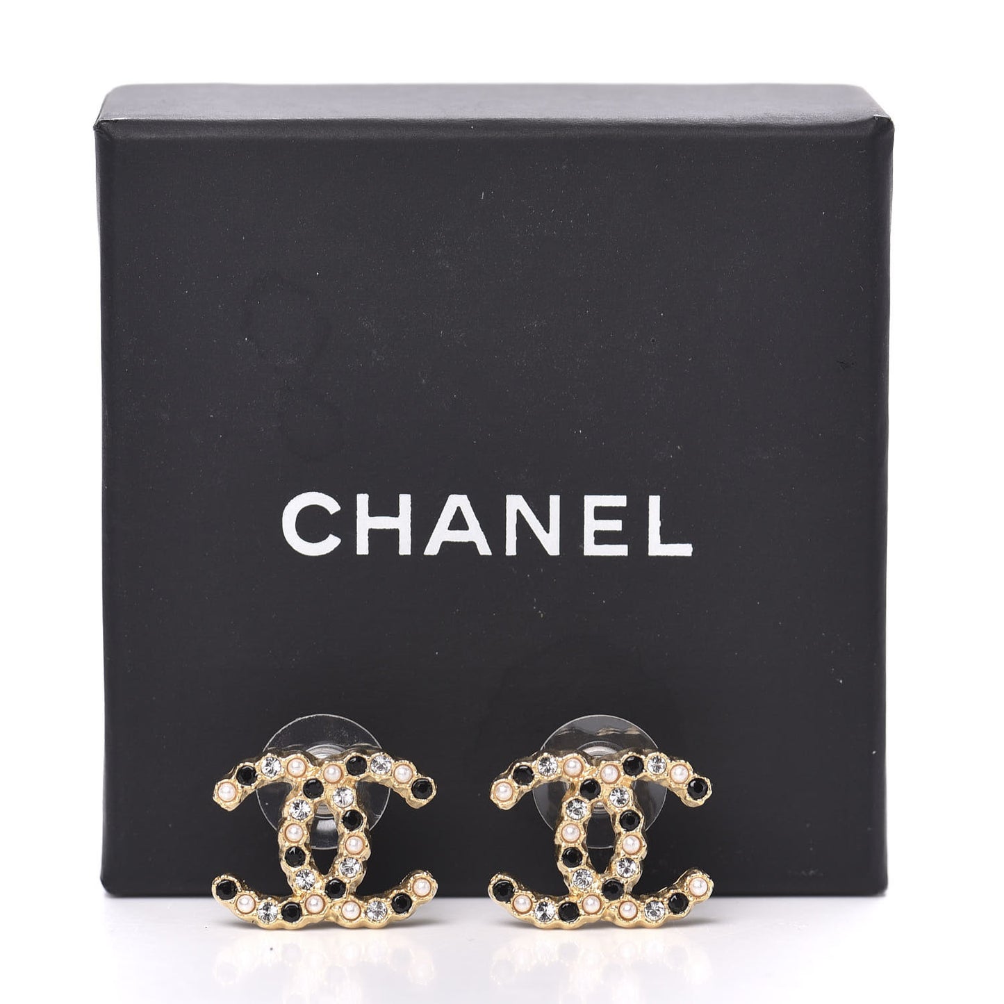 Resin Pearl Crystal CC Earrings Gold Black