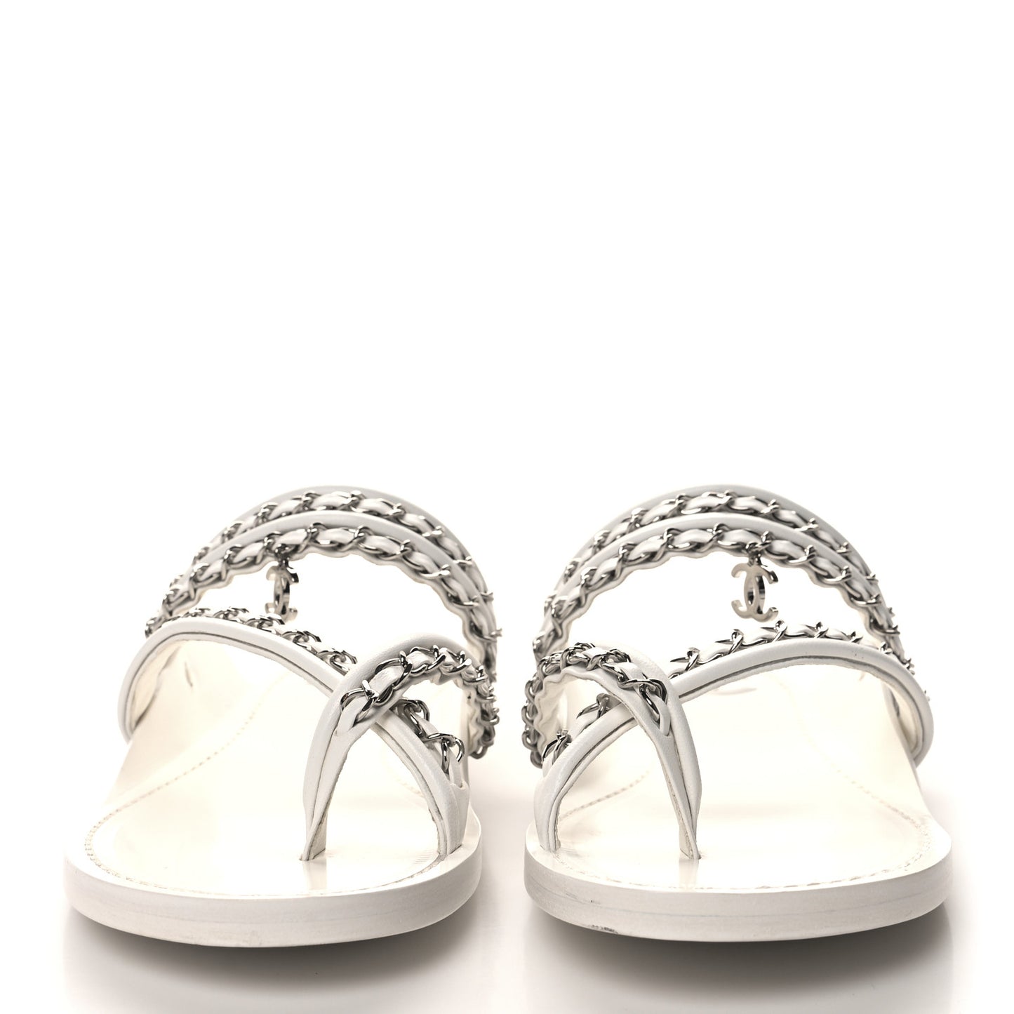 Calfskin Chain CC Thong Flat Sandals 41 White
