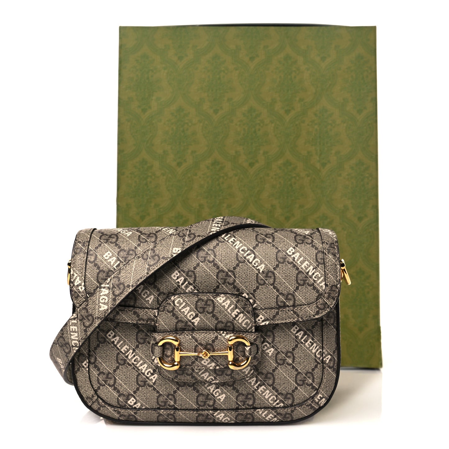 X BALENCIAGA GG Supreme Monogram Web Logo Print Mini Horsebit 1955 Shoulder Bag Beige Ebony