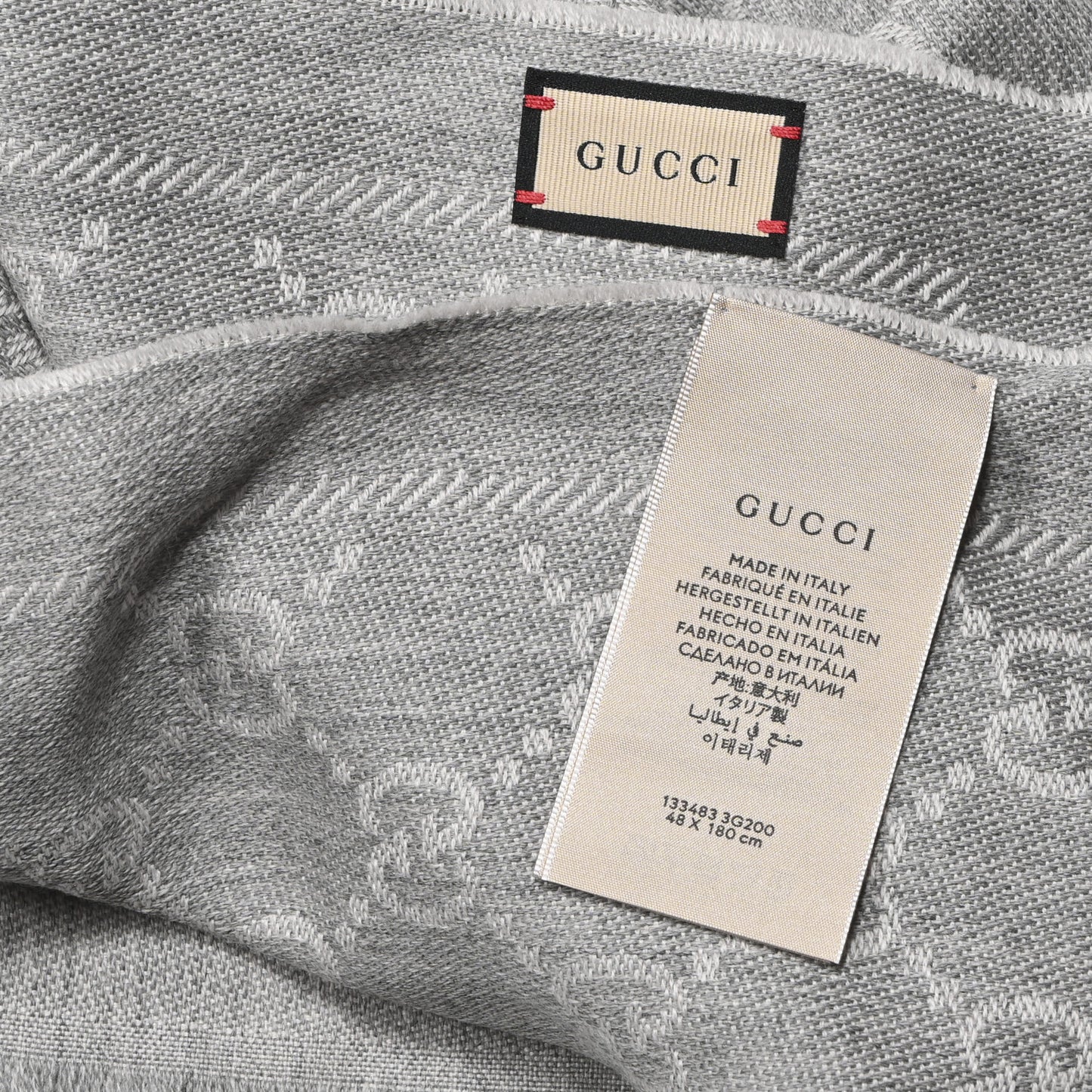 Wool Jacquard GG Monogram Sten Fringe Scarf Zinc Light Grey
