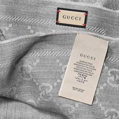 Gucci Wool Jacquard GG Monogram Sten Fringe Scarf Zinc Light Grey 3 of 3