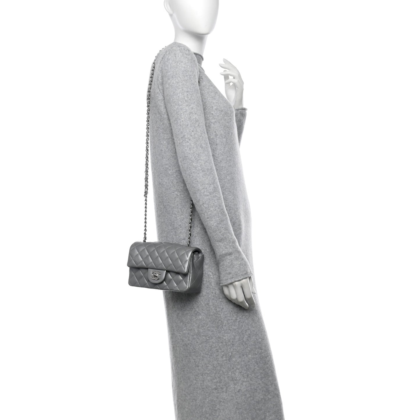 Metallic Lambskin Quilted Mini Rectangular Flap Silver