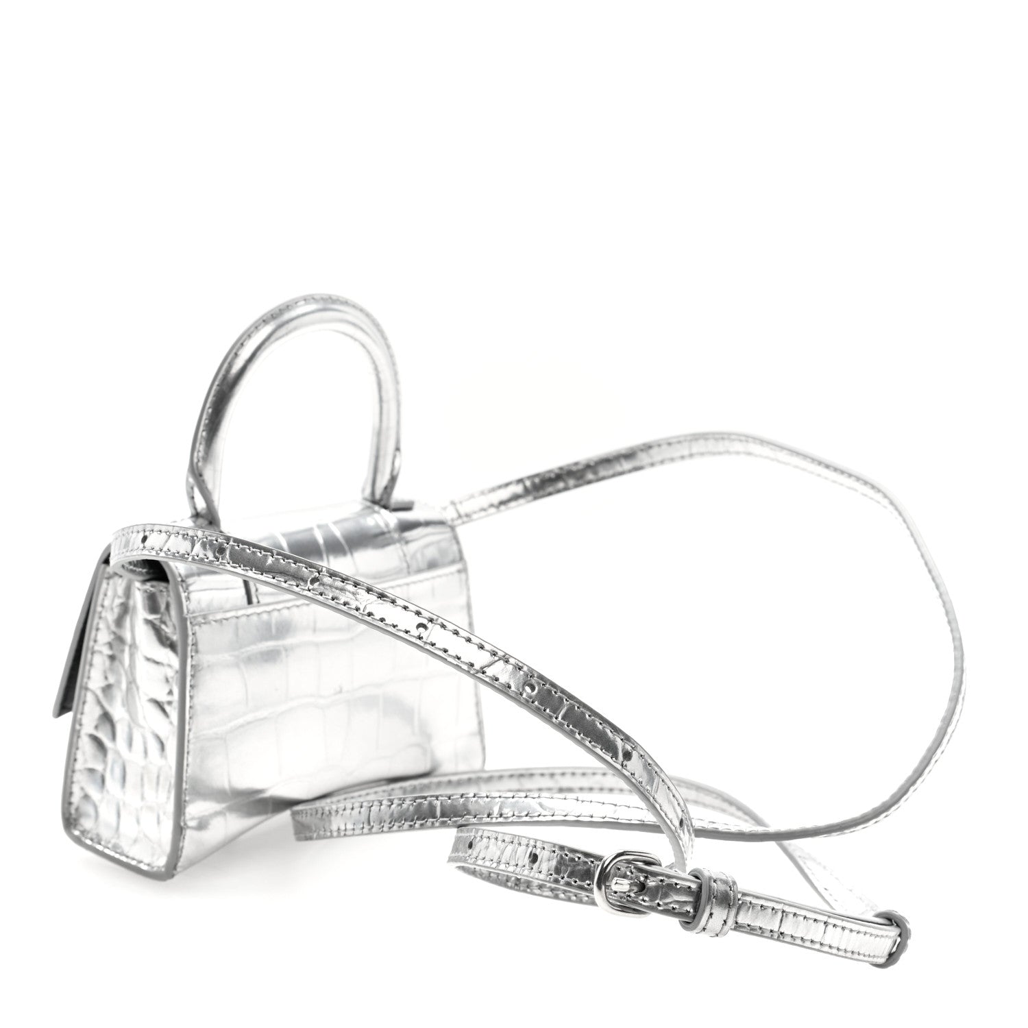 Balenciaga Metallic Calfskin Crocodile Embossed Hourglass Top Handle Bag Mini Silver 3 of 9