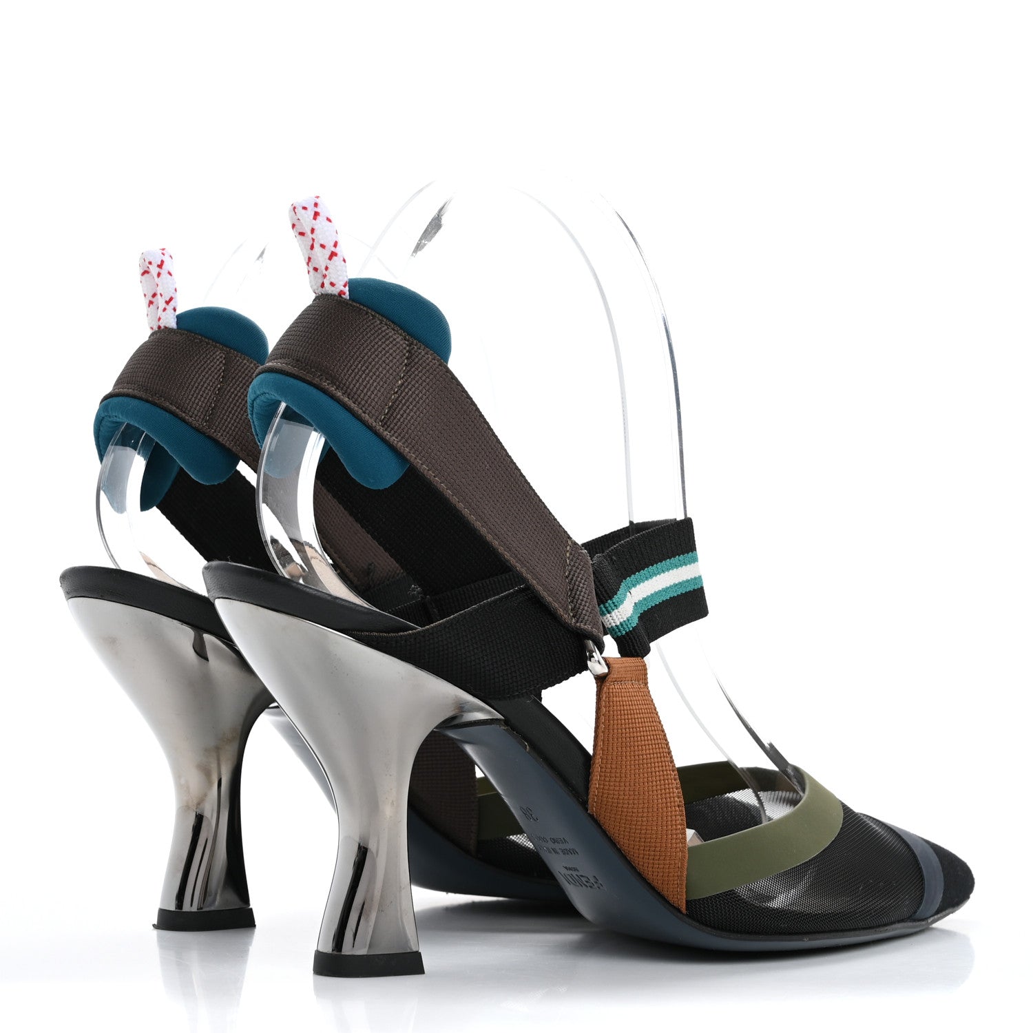 Fendi Technical Mesh Colibri 85mm Slingback Pumps 38 Black Verde Military 5 of 13