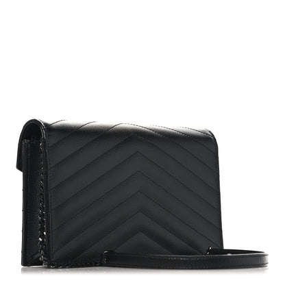 Saint Laurent Grain De Poudre Matelasse Chevron Monogram Monochrome Envelope Chain Wallet Black 3 of 10