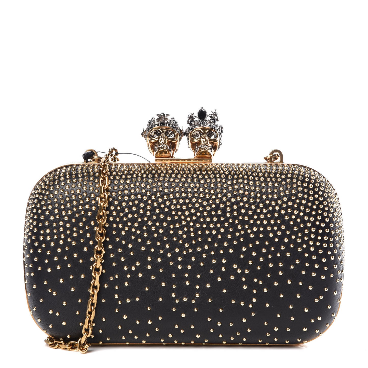 Crystal Nappa Queen and King Skull Box Chain Clutch Black Gold