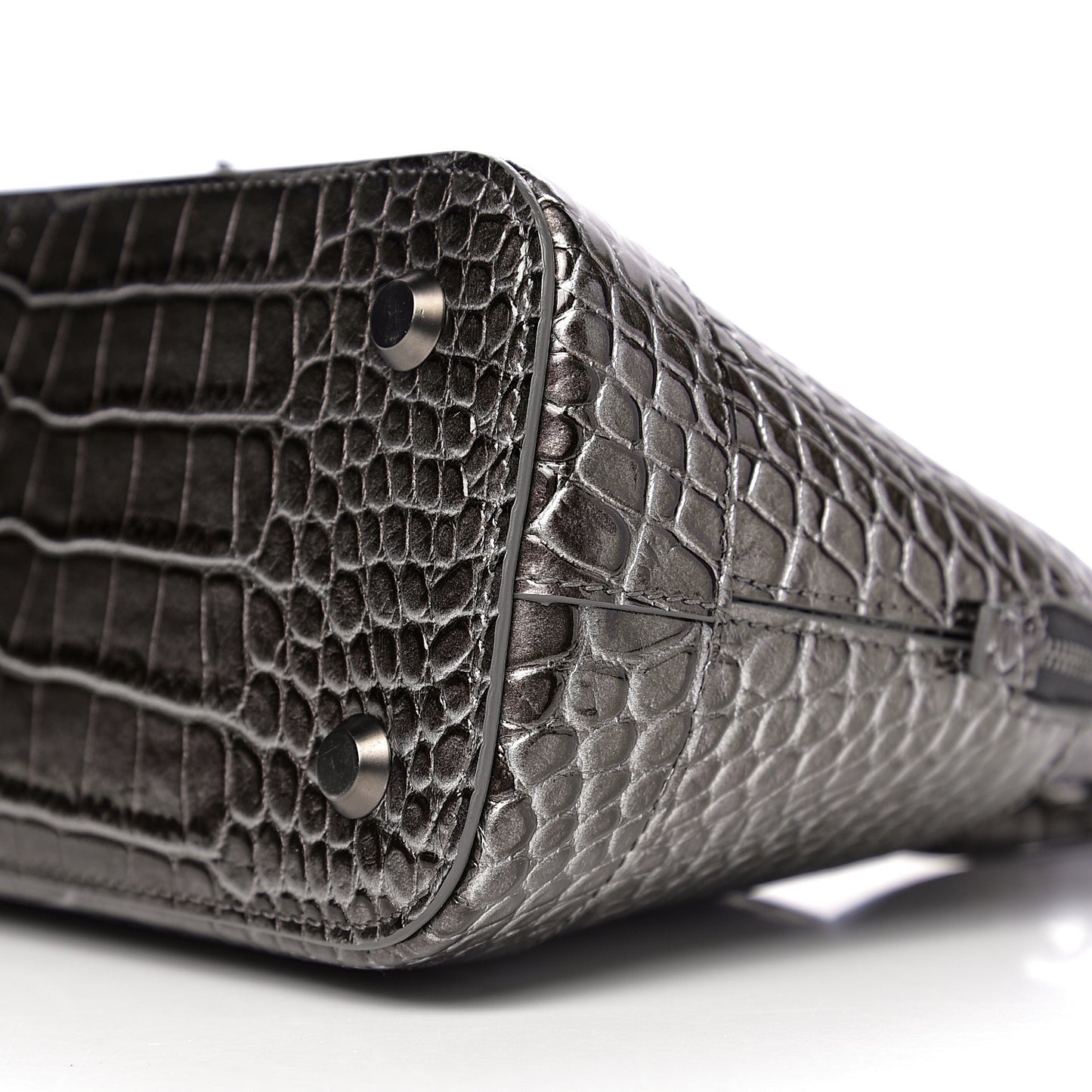 Metallic Calfskin Crocodile Embossed S Ville Top Handle Bag Grey