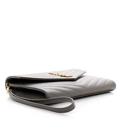 Saint Laurent Grain De Poudre Matelasse Chevron Monogram Envelope Clutch Fog 4 of 7