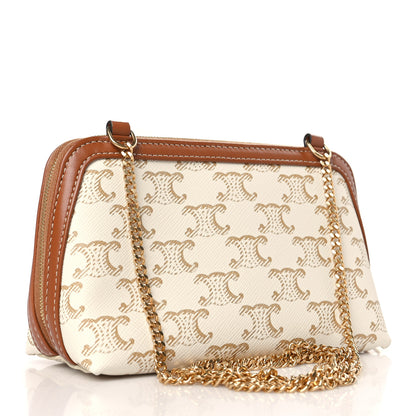 Celine Lambskin Triomphe Canvas Clutch With Chain White Tan 3 of 8