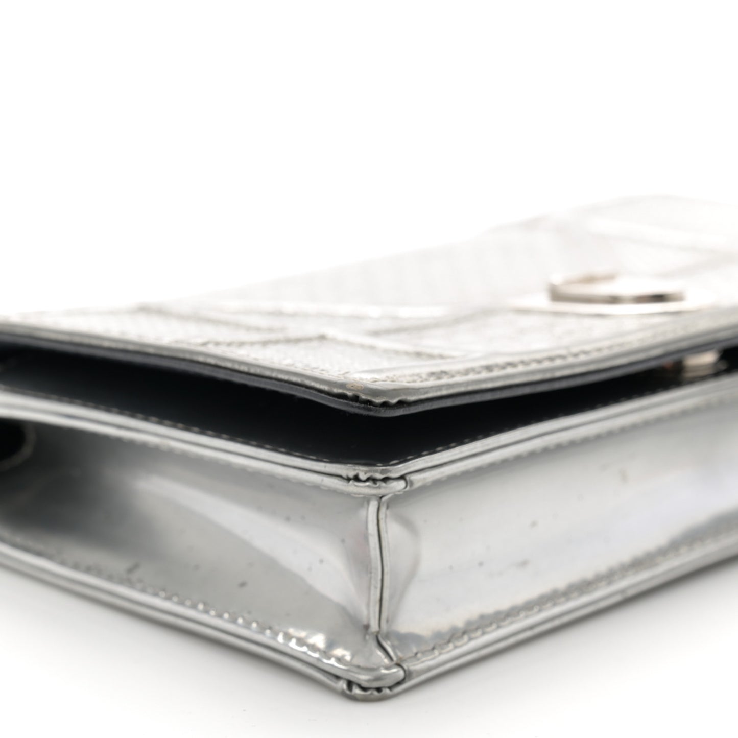 Metallic Patent Micro-Cannage Diorama Wallet on Chain Pouch Silver