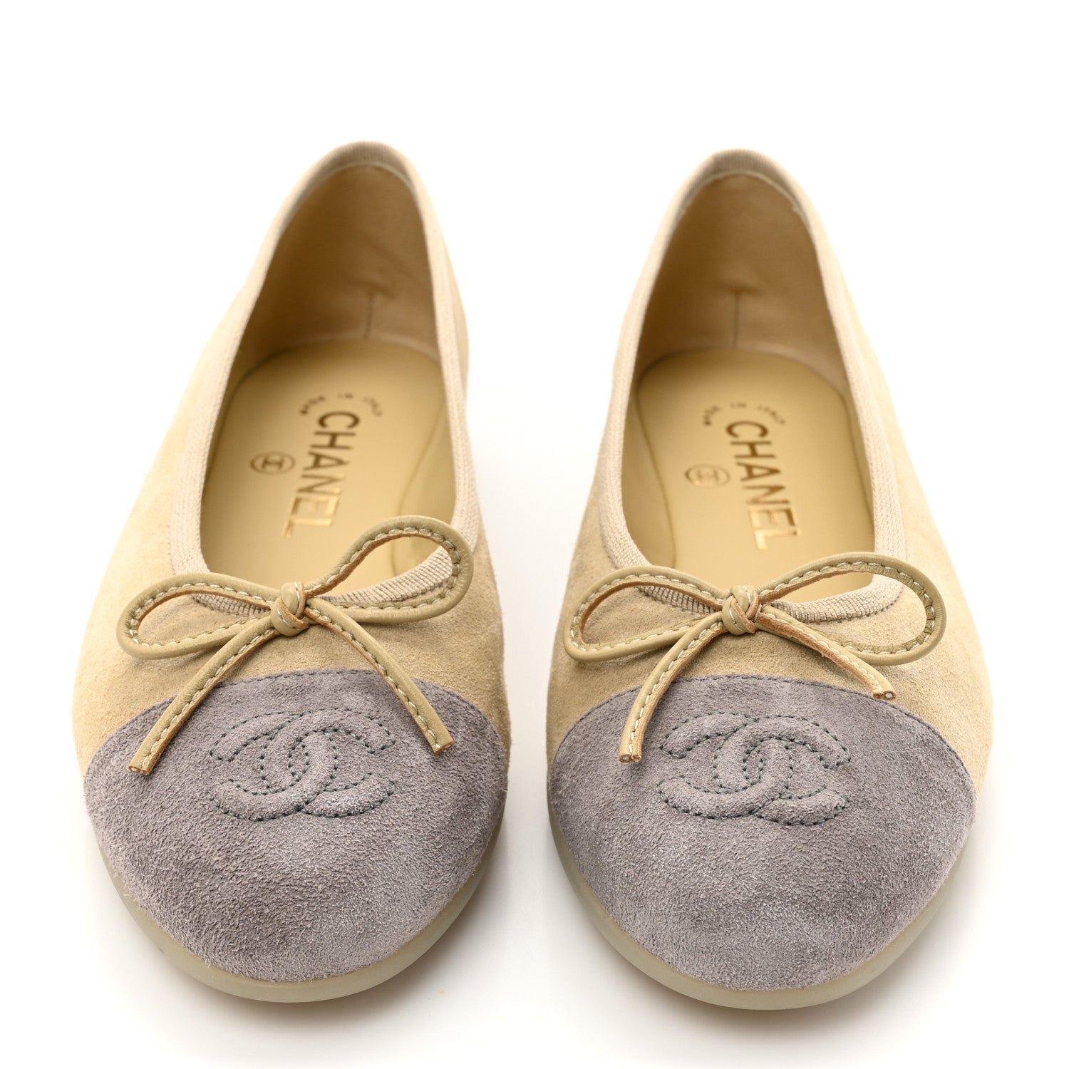 Chanel Suede Cap Toe CC Ballerina Flats 36.5 Light Yellow Gray