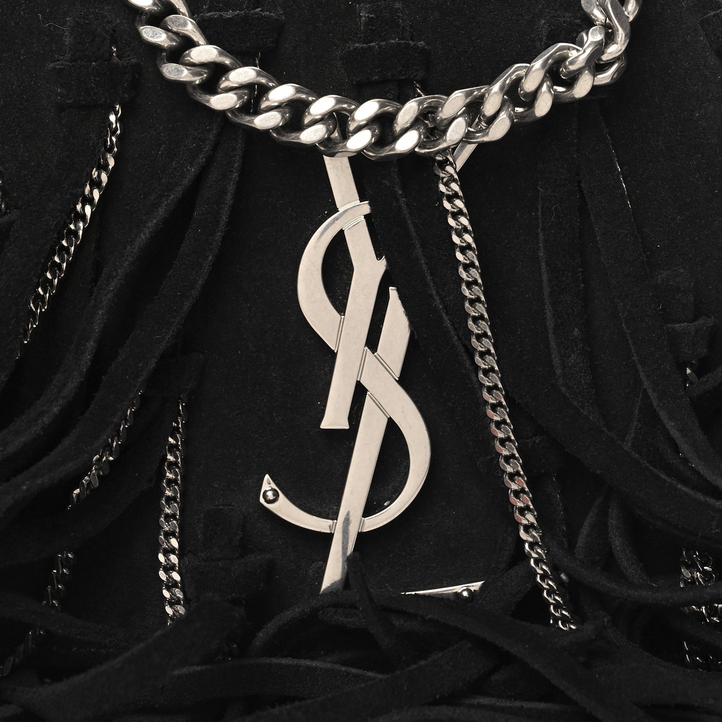 Suede Fringe Chain Small Monogram Satchel Black